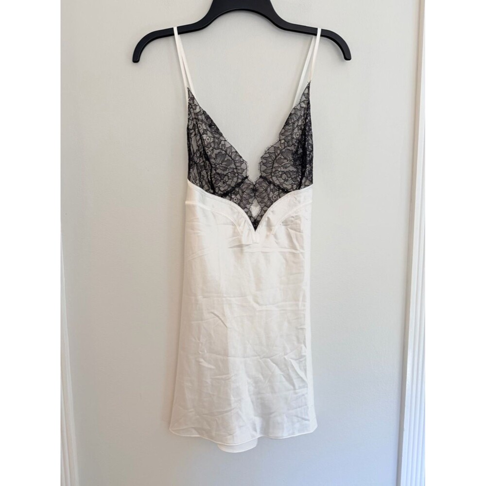 Victoria’s Secret Satin & Lace Slip Dress White Black Lace Lingerie Nightgown Lg